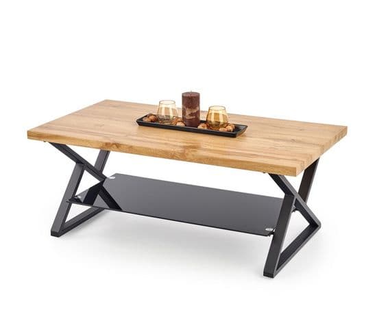 Table Basse Rectangulaire Avec Pieds Design En Acier Noir Étagère En Verre Et Plateau Aspect Chêne N