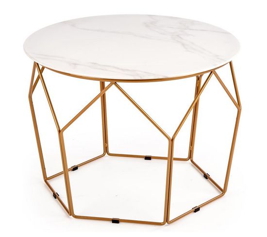 Table Basse Design Avec Plateau Style Marbre De 60 Cm De Diamètre Et Structure En Acier Doré Melba