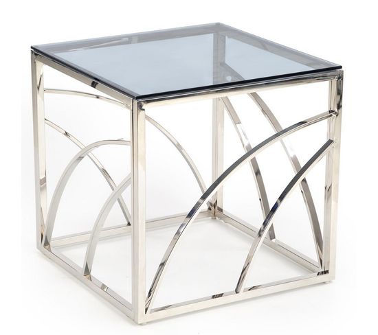 Table Basse Carrée Avec Structure Design En Acier Argenté Et Plateau En Verre Fumé Sochic
