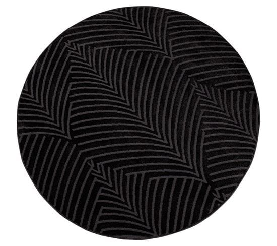 Tara - Tapis Rond à Relief Palmier Couleur Uni Noir 200x200cm