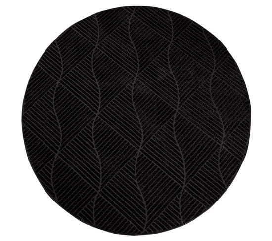 Tara - Tapis Rond à Relief Géométrique Couleur Uni Noir 200x200cm