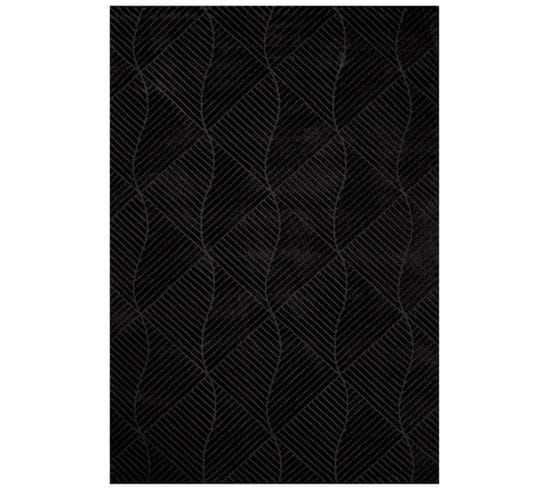 Tara - Tapis De Salon À Relief Géométrique Couleur Uni Noir 80x300cm