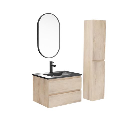 Meuble Simple Vasque 60cm Sorrento Chêne+vasque Noire+robinet+miroir+colonne