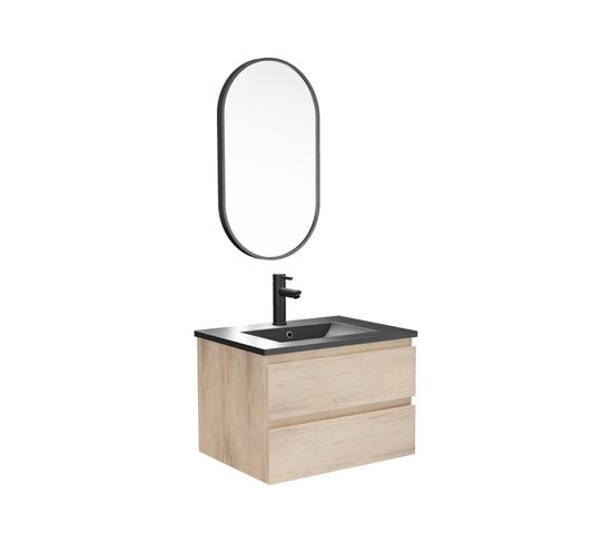 Meuble Simple Vasque 60cm Sorrento Décor Chêne+vasque Noire+rob+miroir Ovale