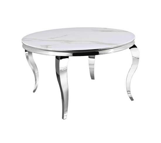 Table à Manger Ronde Baroque Chrome Marbre Blanc 130x75 Cm