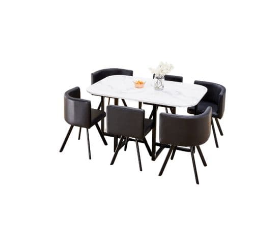 Table Repas + 6 Chaises Intégrées Vendome En Bois Effet Marbré Et Chaises simili cuir noir
