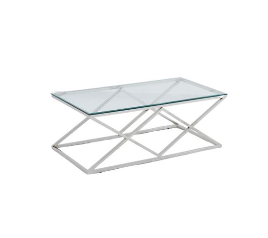 Table Basse Triangle Chrome 120cm Verre Marbré Blanc 120x60 Cm
