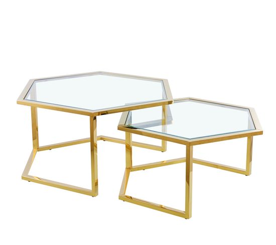 Lot De 2 Tables Basses Gigogne Hexagona Gold Et Plateau Verre Transparent