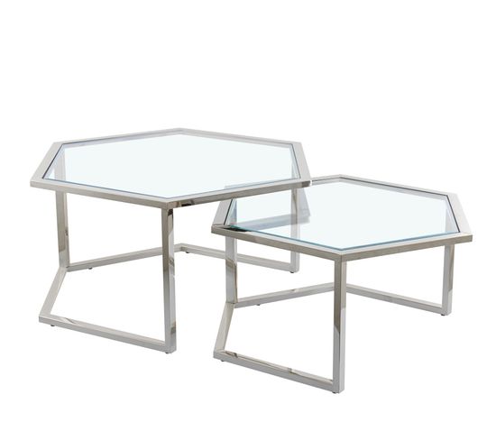 Lot De 2 Tables Basses Gigogne Hexagona Chrome Et Plateau Verre Ttransparent