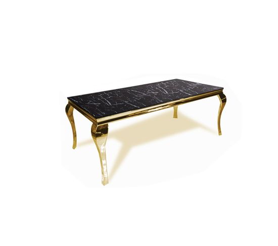 Table Repas Baroque 6 à 8 Personnes Gold Verre Marbre Noir 180x90cm