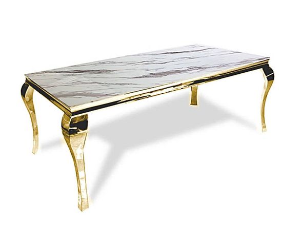Table Repas Baroque 4 à 6 Couverts Gold Verre Marbre Blanc 150x90cm