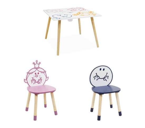 Table Pour Enfant Avec Pot à Crayon + 2 Chaises Madame Princesse + 2 Chaises Monsieur Heureux