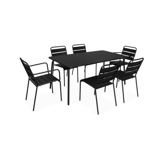Table De Jardin En Métal 160x90cm + 4 Chaises Empilables Et 2 Fauteuils Noirs