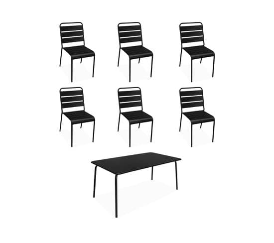 Table De Jardin En Métal. 160x90cm + 6 Chaises Empilables En Métal Noir