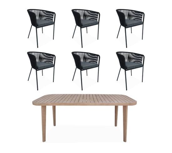 Table De Jardin En Bois D'eucalyptus . Intérieur / Extérieur + 6 Fauteuils En Corde Noir Et Métal