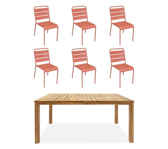Table Intérieur / Extérieur Bois D'acacia + 6 Chaises Empilables En Métal Rose Saumon