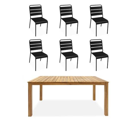 Table Intérieur / Extérieur Bois D'acacia + 6 Chaises Empilables En Métal Noir