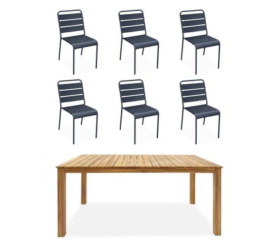 Table Intérieur / Extérieur Bois D'acacia + 6 Chaises Empilables En Métal Gris