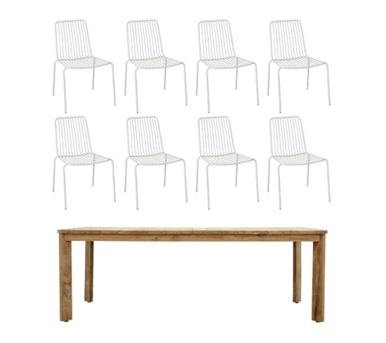 Table Intérieur/extérieur En Teck Recyclé 220cm + 8 Chaises En Métal Blanc