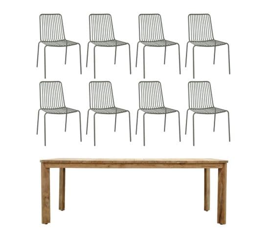 Table Intérieur/extérieur En Teck Recyclé 220cm + 8 Chaises En Métal Savane