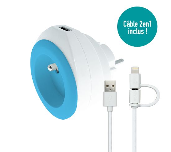Prise Bewatt Avec Chargeur USB Réversible (bleue) - Watt And Co