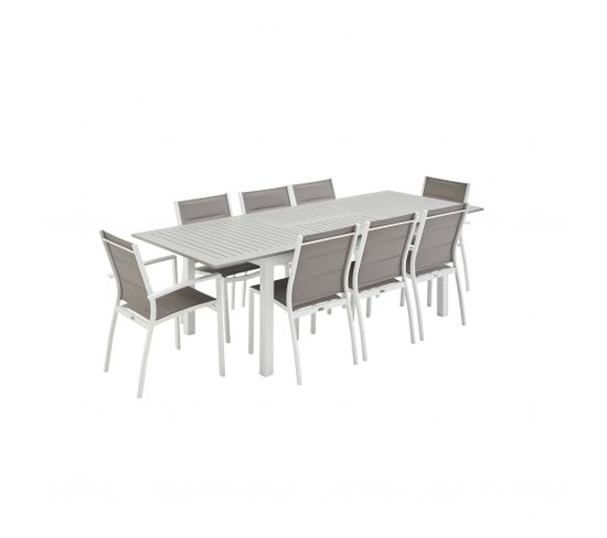 Salon De Jardin - Chicago Blanc / Taupe - Table Extensible 175/245cm Avec Rallonge Et 8 Assises En