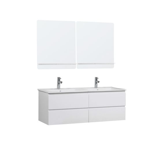 Meuble Double Vasque 120cm Avec Plan Céramique Sorrento Blanc + Miroir