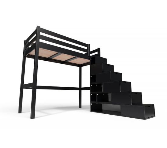 Lit Mezzanine Sylvia Avec Escalier Cube Bois, Couleur: Noir, Dimensions: 90x200