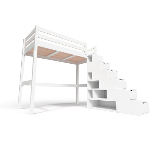 Lit Mezzanine Sylvia Avec Escalier Cube Bois, Couleur: Blanc, Dimensions: 90x200