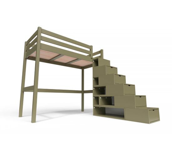 Lit Mezzanine Sylvia Avec Escalier Cube Bois, Couleur: Taupe, Dimensions: 90x200
