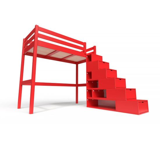 Lit Mezzanine Sylvia Avec Escalier Cube Bois, Couleur: Rouge, Dimensions: 90x200