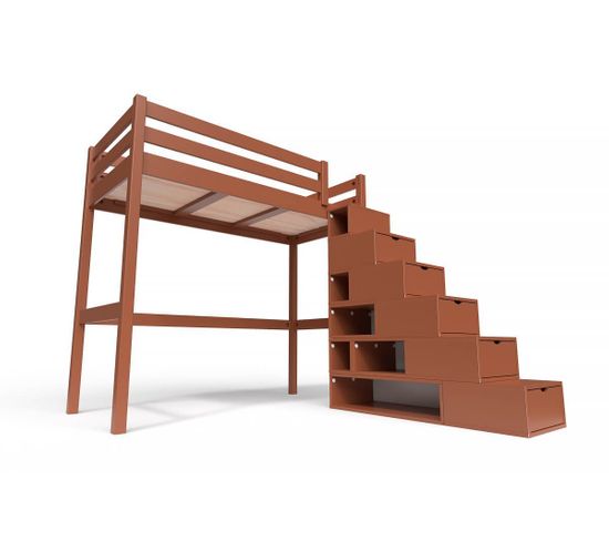 Lit Mezzanine Sylvia Avec Escalier Cube Bois, Couleur: Chocolat, Dimensions: 90x200