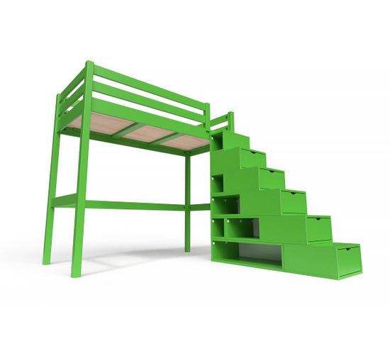 Lit Mezzanine Sylvia Avec Escalier Cube Bois, Couleur: Vert, Dimensions: 90x200