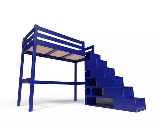 Lit Mezzanine Sylvia Avec Escalier Cube Bois, Couleur: Bleu Foncé, Dimensions: 90x200