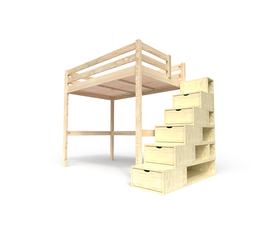 Lit Mezzanine Sylvia Avec Escalier Cube Bois, Couleur: Vernis Naturel, Dimensions: 120x200