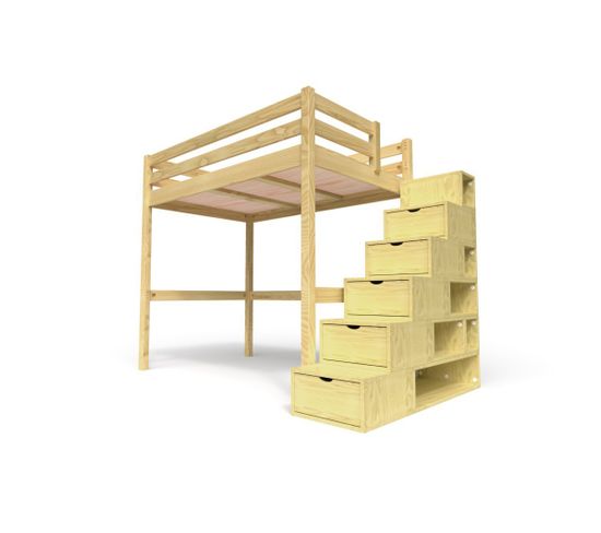 Lit Mezzanine Sylvia Avec Escalier Cube Bois, Couleur: Miel, Dimensions: 120x200