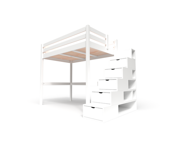 Lit Mezzanine Sylvia Avec Escalier Cube Bois, Couleur: Blanc, Dimensions: 120x200
