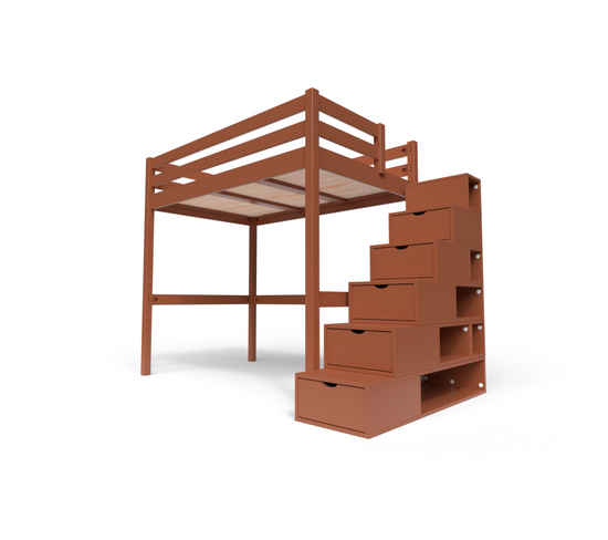 Lit Mezzanine Sylvia Avec Escalier Cube Bois, Couleur: Chocolat, Dimensions: 120x200