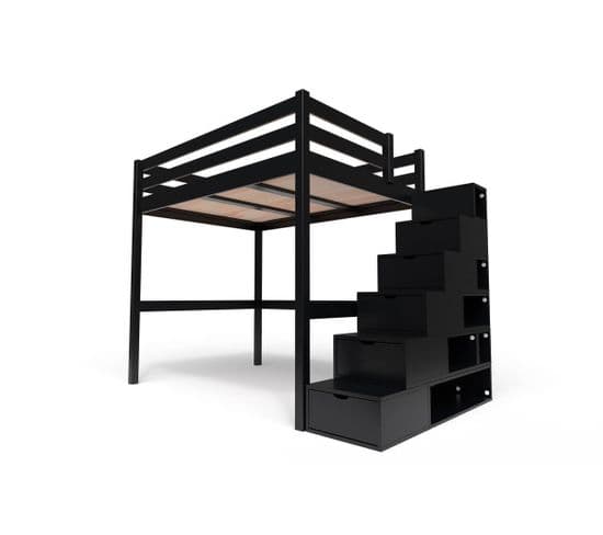 Lit Mezzanine Sylvia Avec Escalier Cube Bois, Couleur: Noir, Dimensions: 140x200