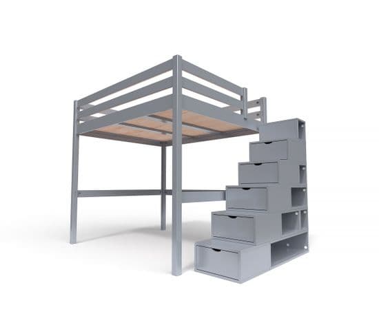 Lit Mezzanine Sylvia Avec Escalier Cube Bois, Couleur: Gris Aluminium, Dimensions: 160x200