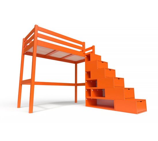 Lit Mezzanine Sylvia Avec Escalier Cube Bois, Couleur: Orange, Dimensions: 90x200
