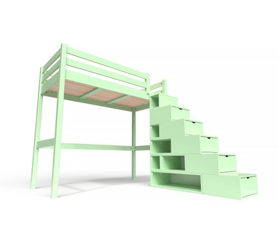 Lit Mezzanine Sylvia Avec Escalier Cube Bois, Couleur: Vert Pastel, Dimensions: 90x200