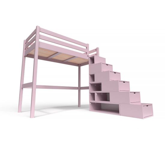 Lit Mezzanine Sylvia Avec Escalier Cube Bois, Couleur: Violet Pastel, Dimensions: 90x200