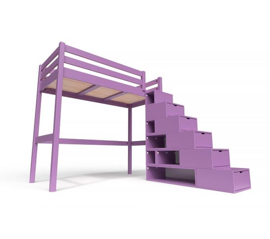 Lit Mezzanine Sylvia Avec Escalier Cube Bois, Couleur: Lilas, Dimensions: 90x200