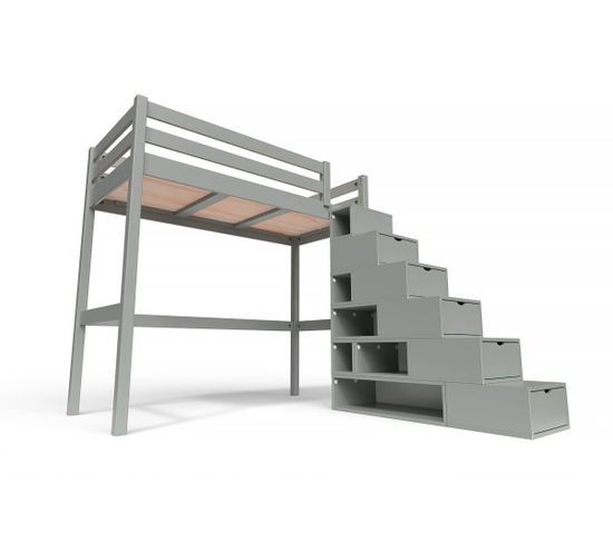 Lit Mezzanine Sylvia Avec Escalier Cube Bois, Couleur: Gris, Dimensions: 90x200