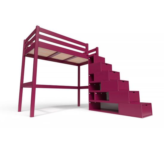 Lit Mezzanine Sylvia Avec Escalier Cube Bois, Couleur: Prune, Dimensions: 90x200
