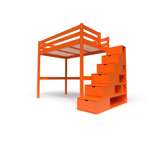 Lit Mezzanine Sylvia Avec Escalier Cube Bois, Couleur: Orange, Dimensions: 120x200