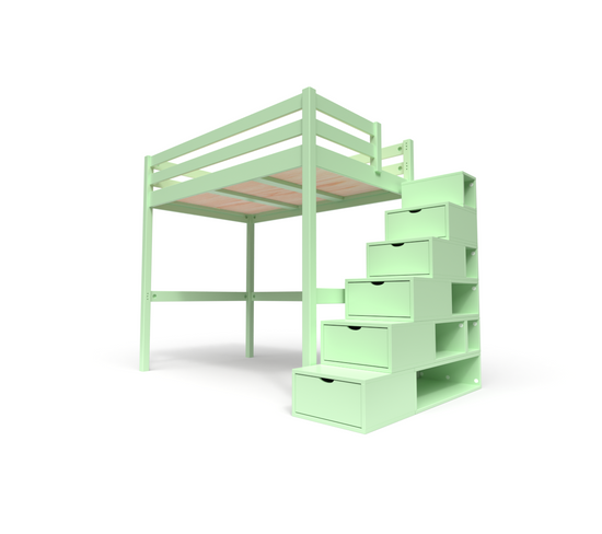 Lit Mezzanine Sylvia Avec Escalier Cube Bois, Couleur: Vert Pastel, Dimensions: 120x200