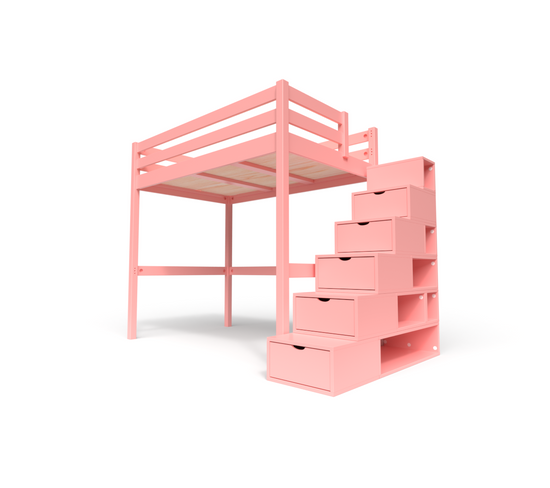 Lit Mezzanine Sylvia Avec Escalier Cube Bois, Couleur: Rose Pastel, Dimensions: 120x200