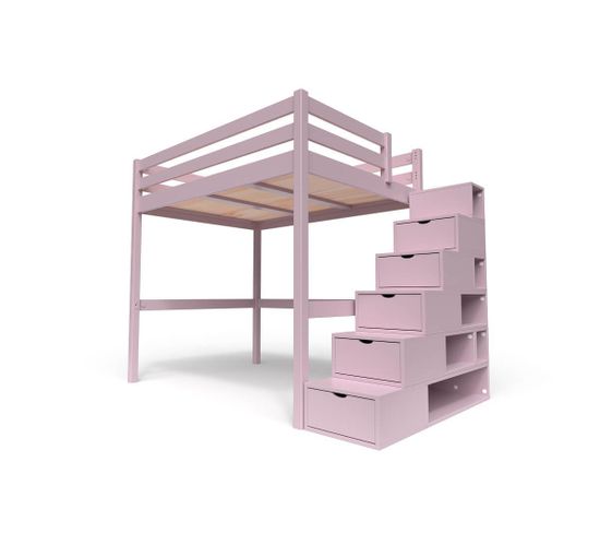 Lit Mezzanine Sylvia Avec Escalier Cube Bois, Couleur: Violet Pastel, Dimensions: 140x200